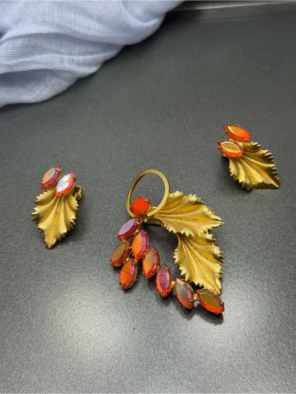 Vintage Gold Leaf Earrings and Brooch Set with Orange AB Accents #83set